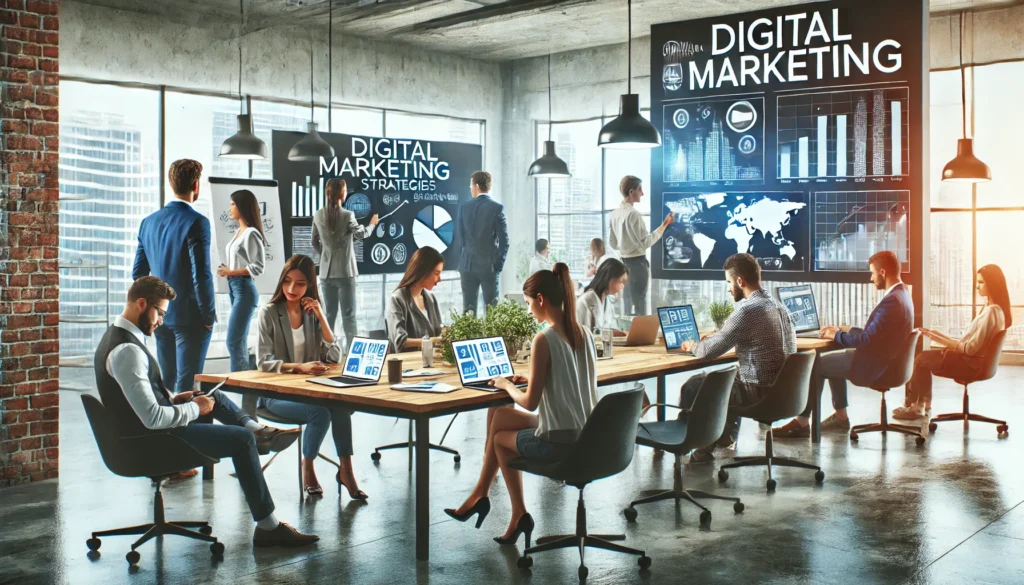 DALL·E 2025-03-18 20.46.07 - A modern office with marketing professionals working on digital marketing strategies. The scene includes people collaborating on laptops, analyzing ch