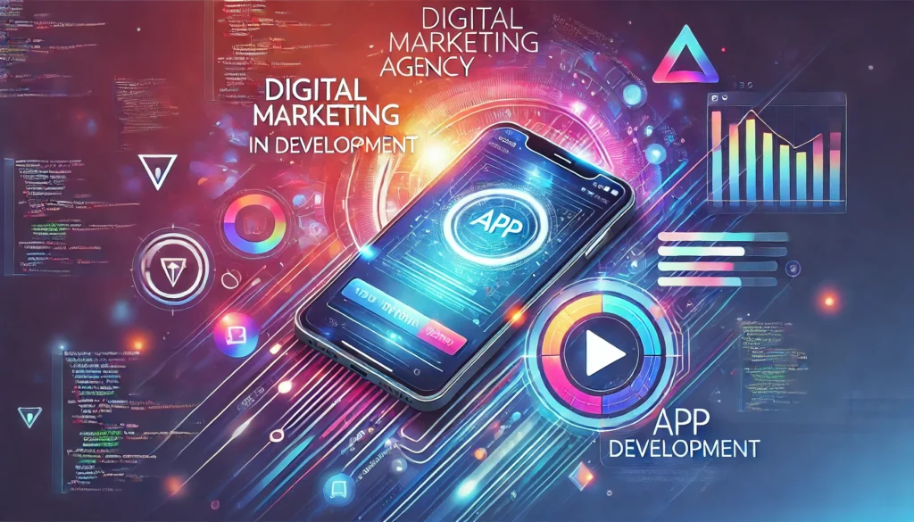 DALL·E 2025-03-18 21.51.25 - A modern digital marketing agency banner showcasing App Development. The design features a futuristic UI_UX interface with a mobile app in development