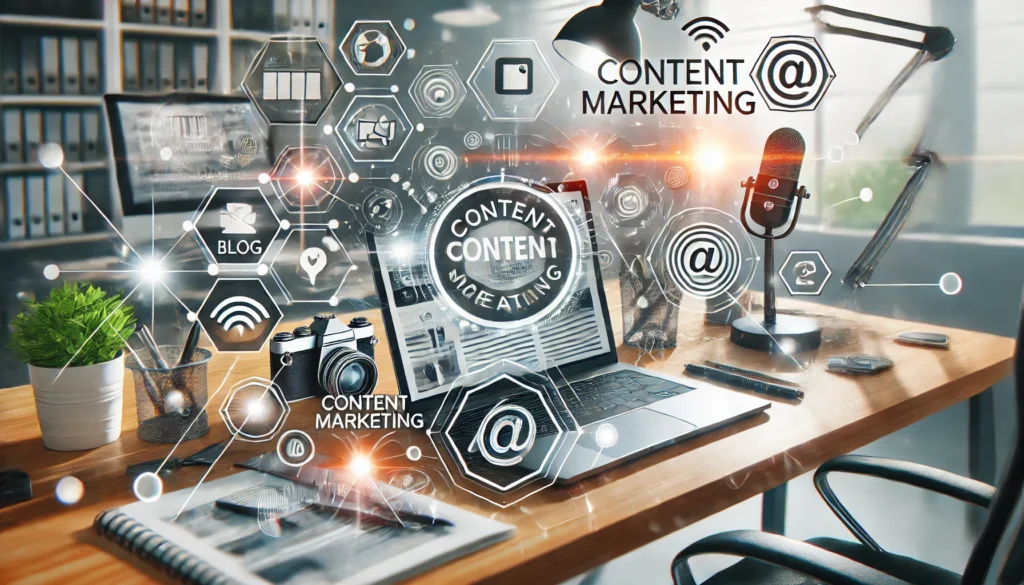 DALL·E 2025-03-18 21.52.01 - A modern digital marketing agency banner showcasing Content Creation. The design features a creative workspace with a laptop displaying a blog post, a