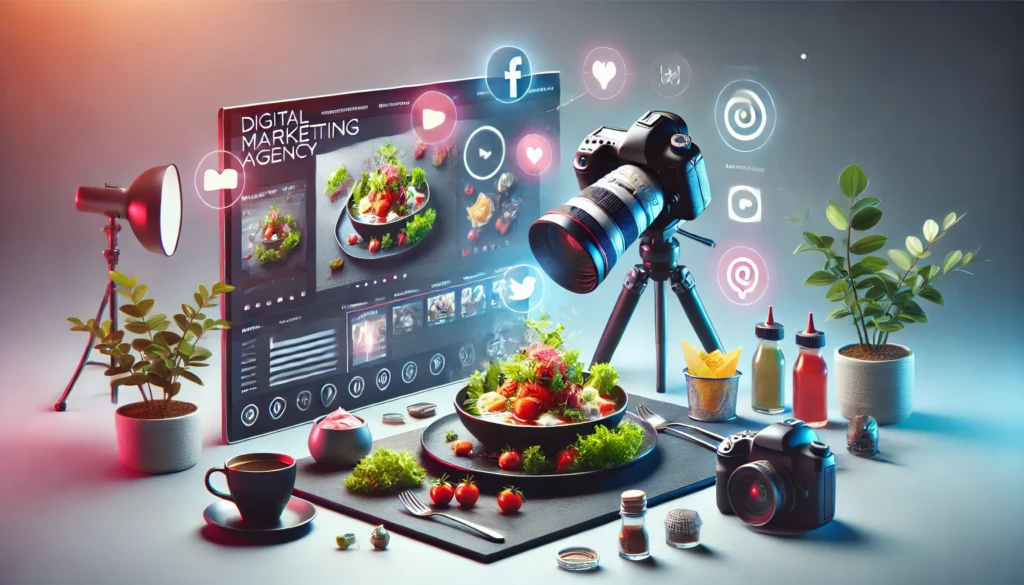 DALL·E 2025-03-18 21.52.09 - A modern digital marketing agency banner showcasing Food Photography and Video. The design features a professional food photoshoot setup with a high-e
