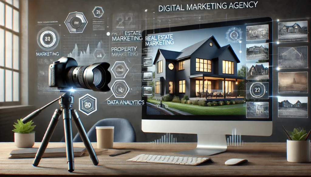 DALL·E 2025-03-18 21.52.27 - A modern digital marketing agency banner showcasing Real Estate Marketing. The design features a luxury house with a professional photographer capturi