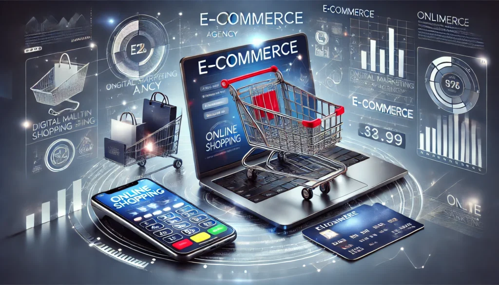 DALL·E 2025-03-18 21.52.33 - A modern digital marketing agency banner showcasing E-commerce. The design features an online shopping website on a laptop and smartphone, a digital s